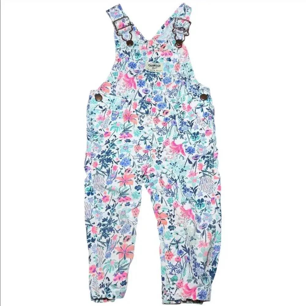 OshKosh Bgosh Girls Floral Overalls Blue Pink White Watercolor Print 12M